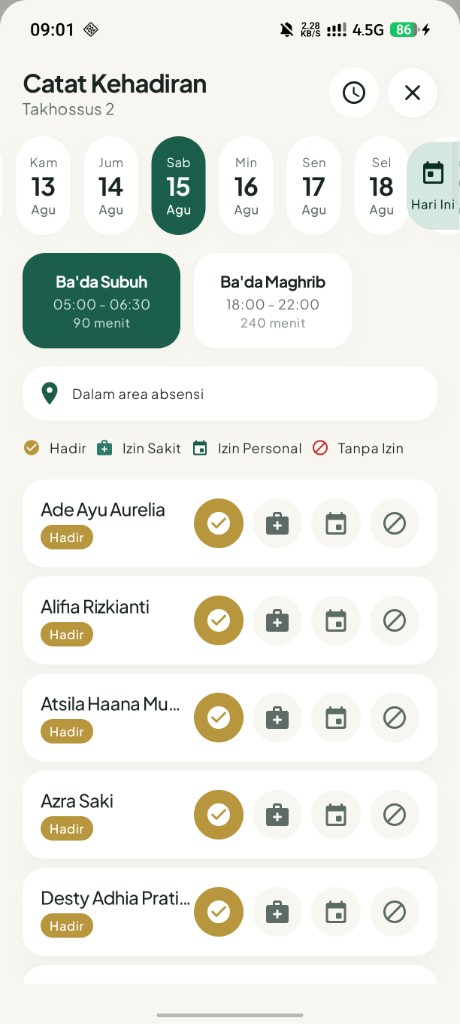 Layar absensi di Safhat — catat kehadiran per sesi
