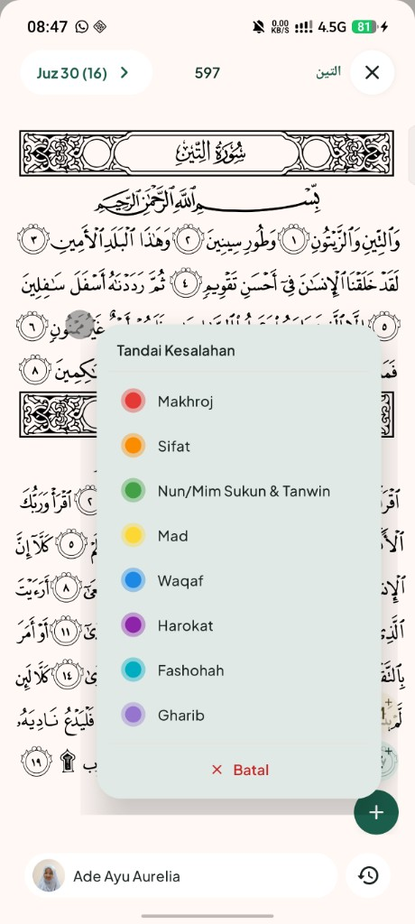 Layar evaluasi bacaan di Safhat — tandai kesalahan di mushaf